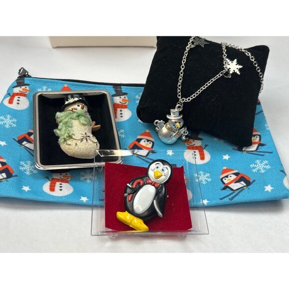Snowman Necklace & Penguin Brooch Gift Set With Snowman Pattern Pouch - Picture 1 of 2